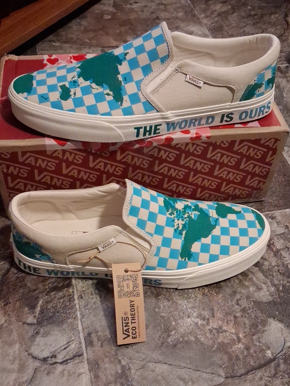 Vans Women Slip-On Eco Theory Blue & Green Checkerboard World Map